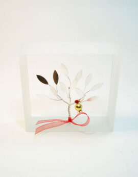 Handmade sterling silver pomegranate tree in plexiglass frame.