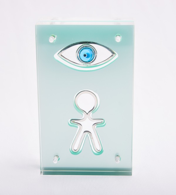 Handmade sterling silver baby lucky charm in bright green plexiglass