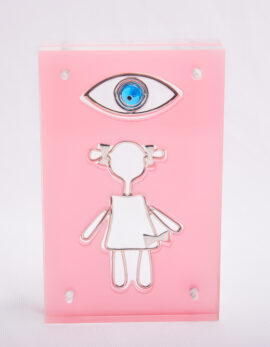 Handmade sterling silver baby lucky charm in pink plexiglass.