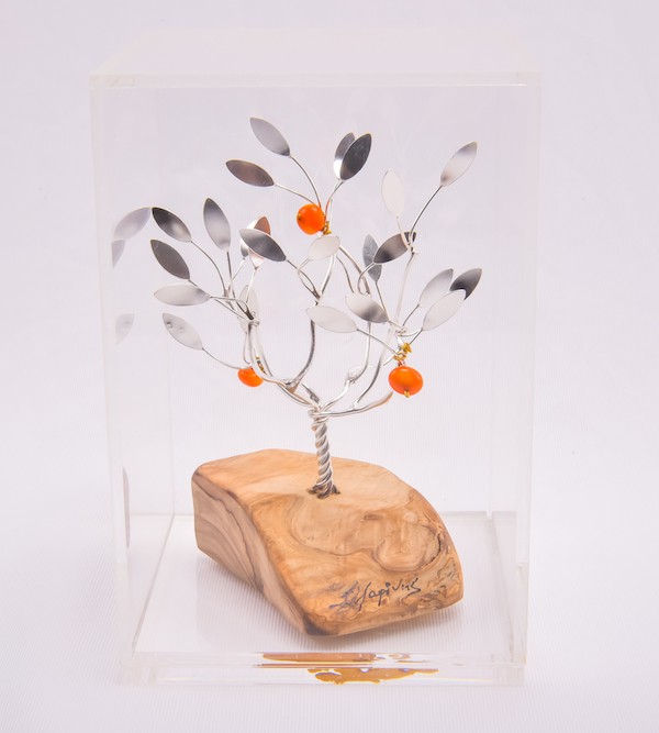 Handmade sterling silver gift pomegranate tree in plexiglass box