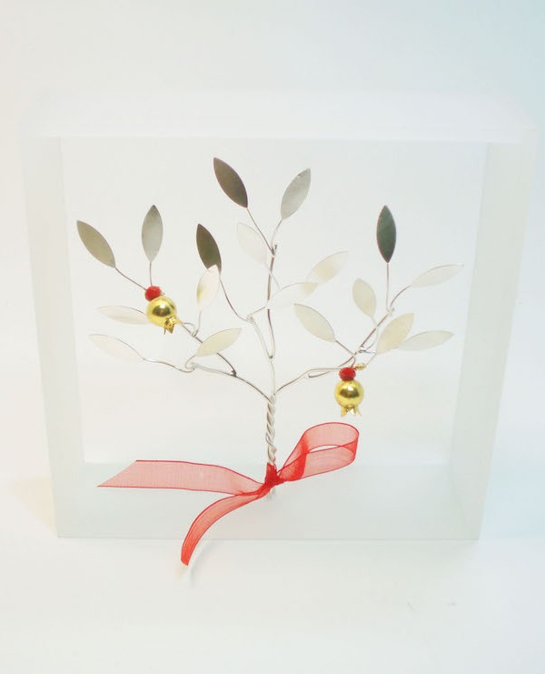 Handmade sterling silver pomegranate tree in plexiglass frame.