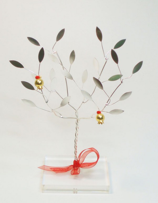 Handmade sterling silver gift pomegranate tree in plexiglass.