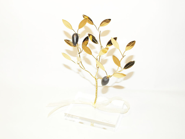 Handmade brass family olive tree in plexiglass
