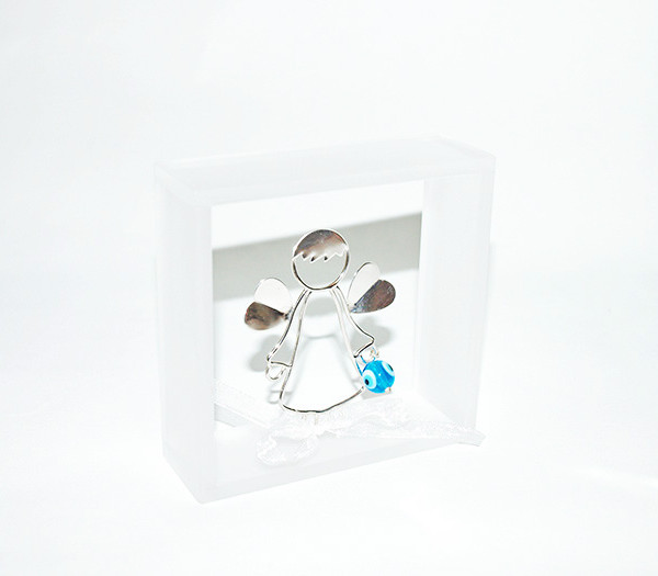 Handmade sterling silver 925 guardian angel in plexiglass wall frame .Christening or first birthday baby gift